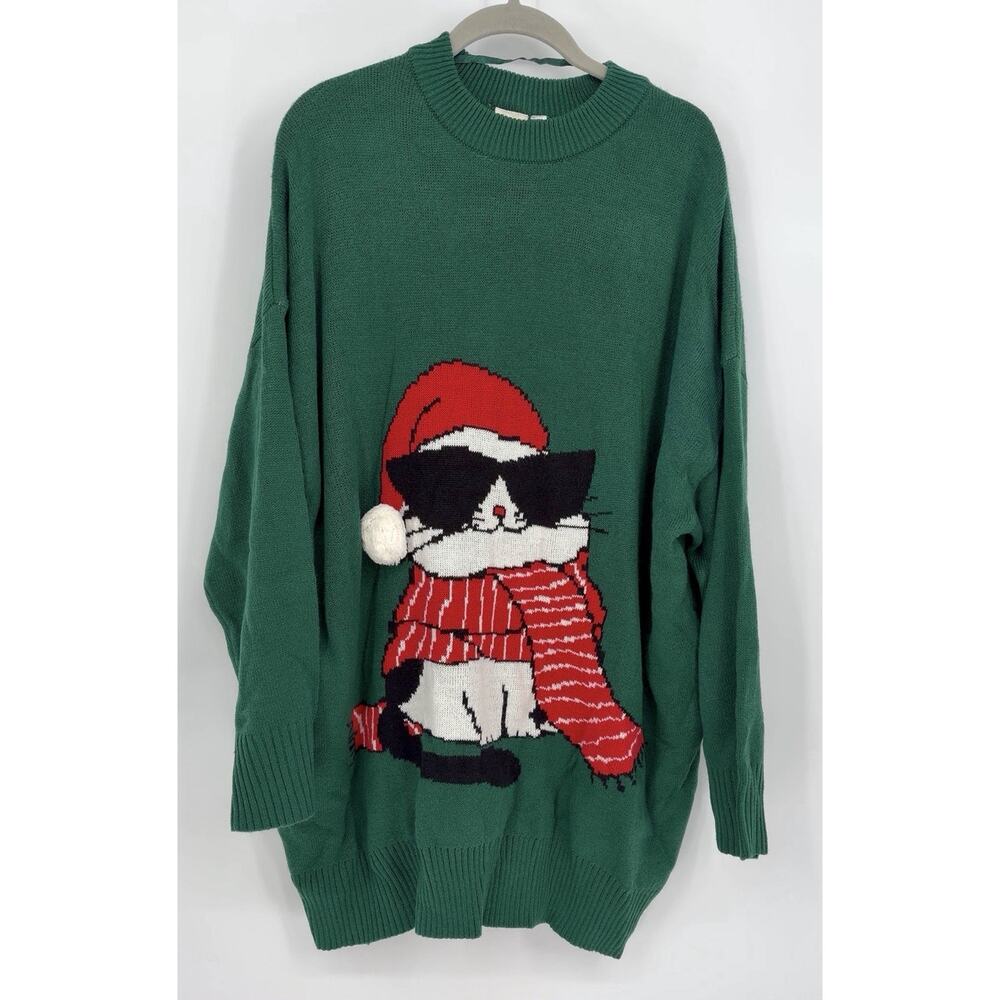 Dari 4XL Cat Christmas Sweater Santa Hat Scarf Holiday Green Funny Festive - Picture 2 of 7